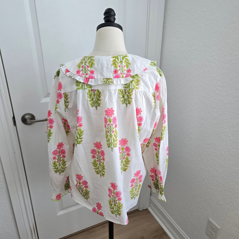 Pink City Prints Isabel White Pink Floral Peter Pan Collar Cotton Blouse Large - Picture 3 of 7
